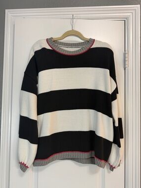 Black and White Wide Stripe Sweater with Grey & Red Trim